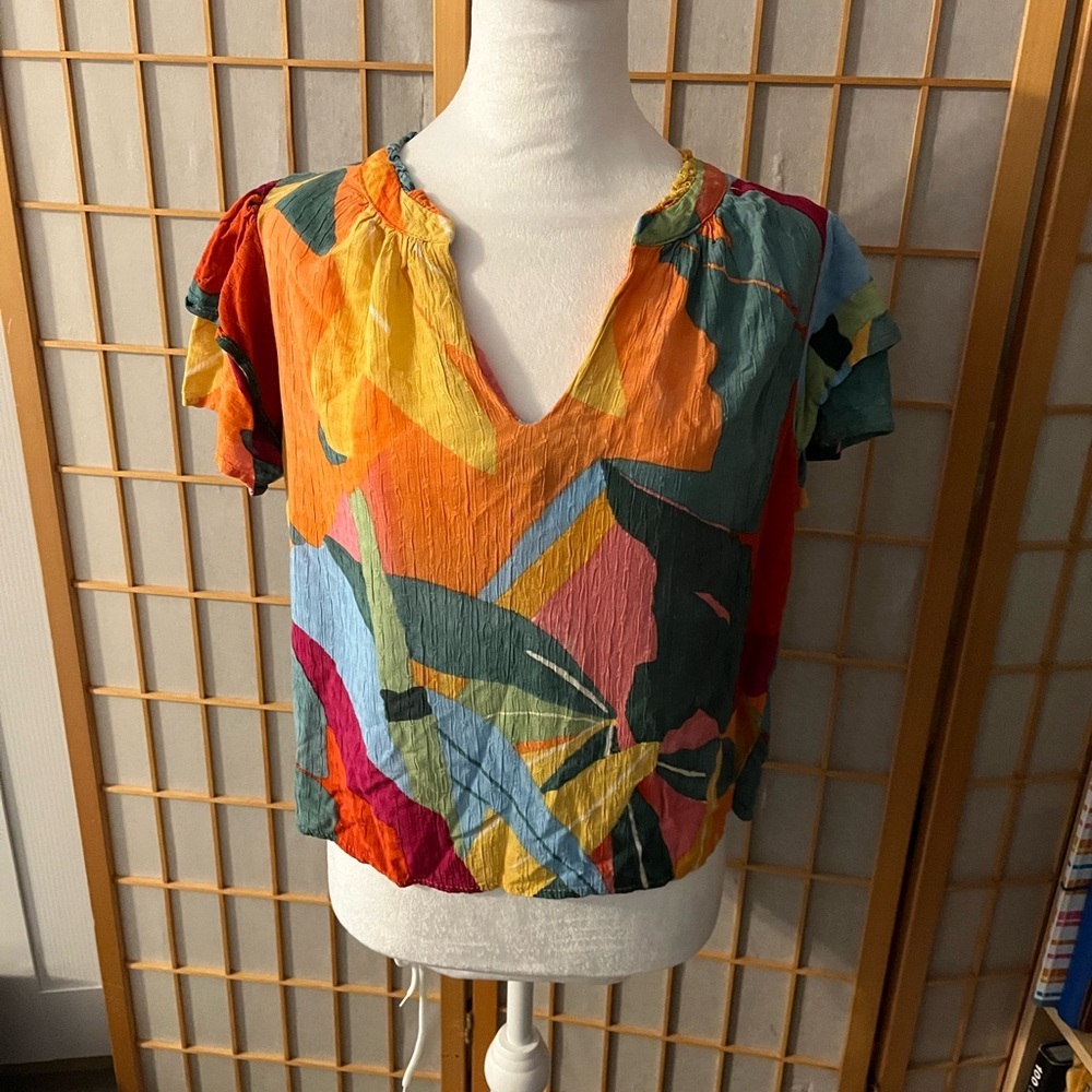 Vintage Christian Siriano Top Sz L Bold Tropical Coastal Palm Rayon Flowy Color - Picture 2 of 7
